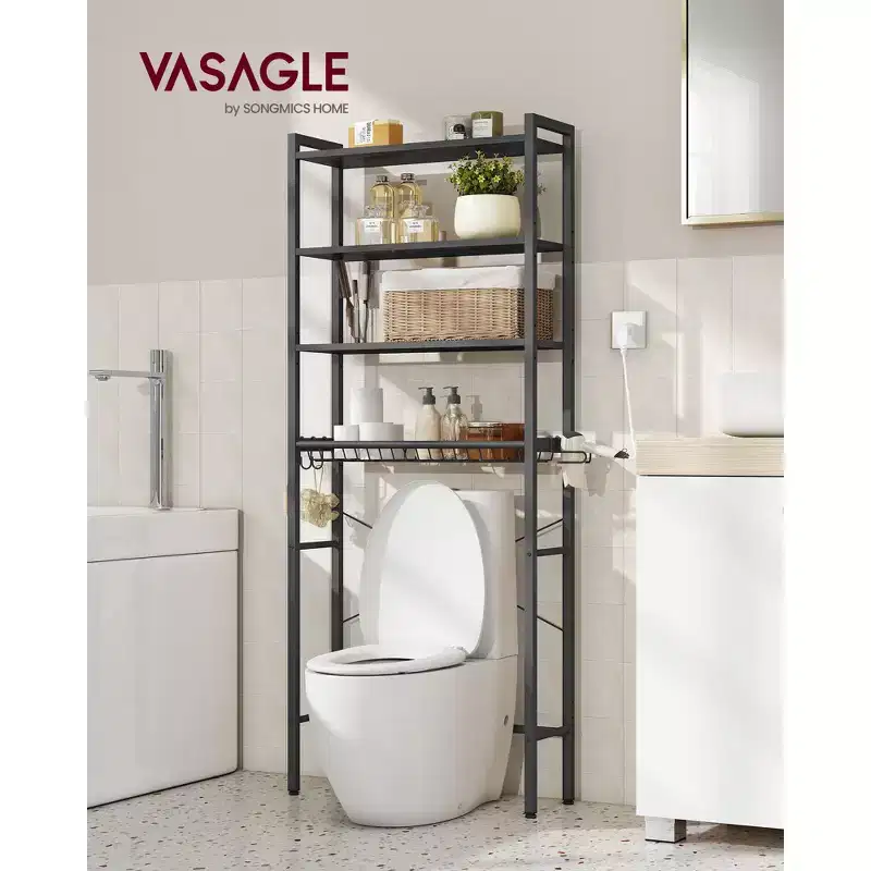 VASAGLE Over the Toilet Storage, Over Toilet Bathroom Organizer with Adjustable Shelves and Basket, Hair Dryer Holder, 3 Hooks