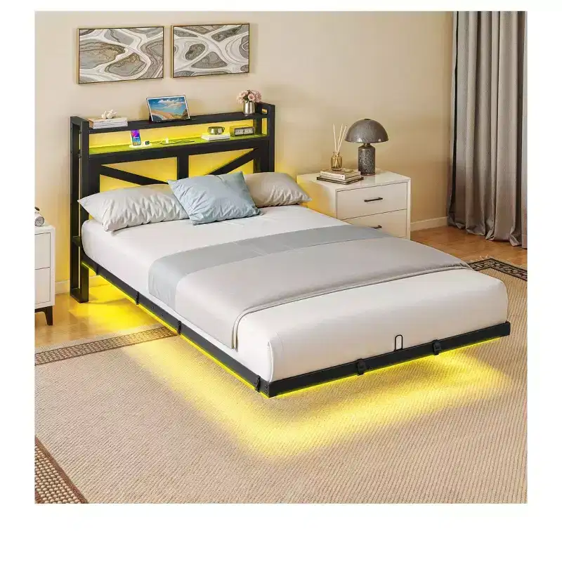 Twin Size LED Metal Platform Bed Frame with Charging Station