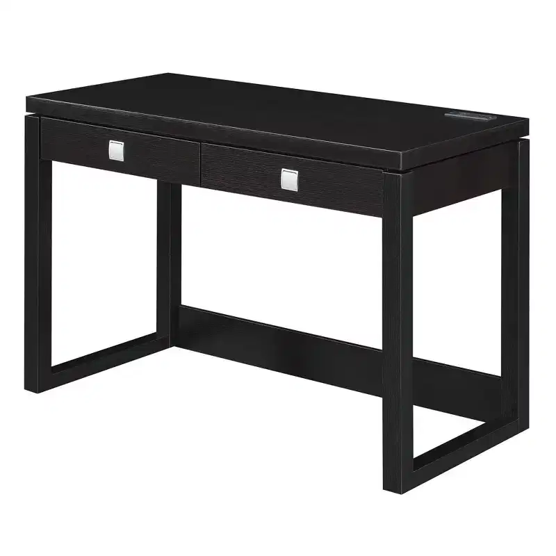 2-Drawer Desk with Charging Station, Espresso/Black: Home Office Workstation, MDF Construction
