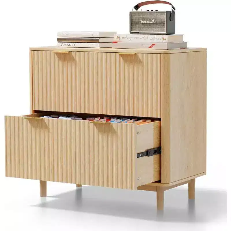 2 Drawer Fluted Wooden File Cabinet, Wide Drawer Design