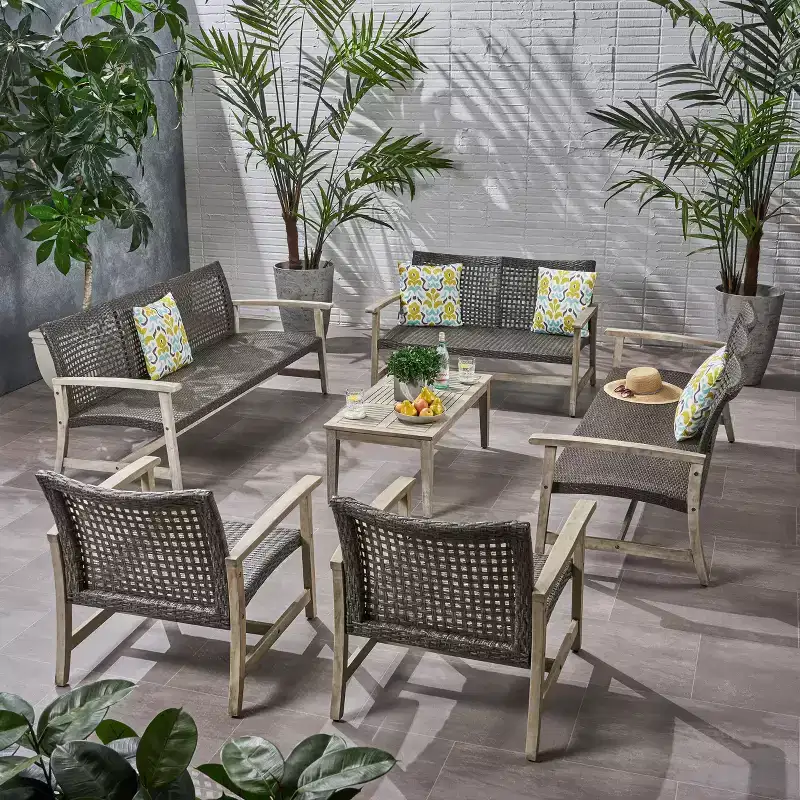 Christopher Knight Home Hampton Outdoor Acacia Wood and Wicker 10 Seater Sofa and Loveseat Chat Set