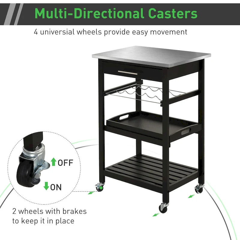 HOMCOM Kitchen island Cart Rolling Trolley Utility Serving Cart with Stainless Steel Tabletop, Wine Rack & Drawer