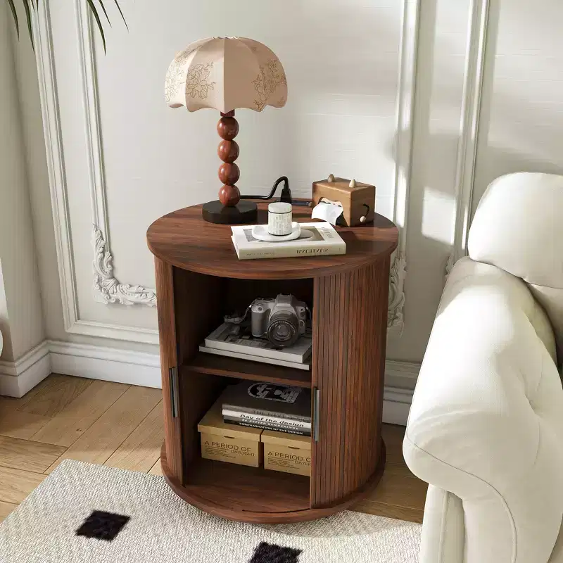 GDFStudio Orion Mid-Century Modern Cylinder End Table with Sliding Door and Charging Station