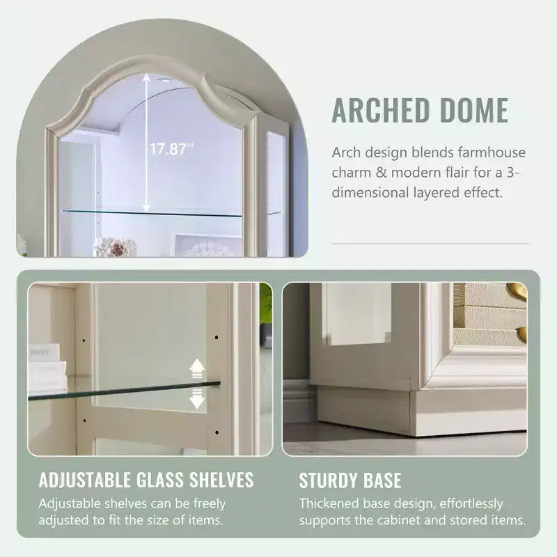 72 Arched Kitchen Pantry, 4-Tier Glass Display Cabinet with 20 Color LED Lights, Modern Display Case Shelf for Living Room