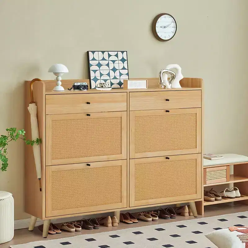 Coolmee Rattan Shoe Cabinet for Entryway with 4 Flip Drawers and 2 Drawer, Narrow Shoe Rack Organizer Hidden Shoe Rack Drawer for Entrance
