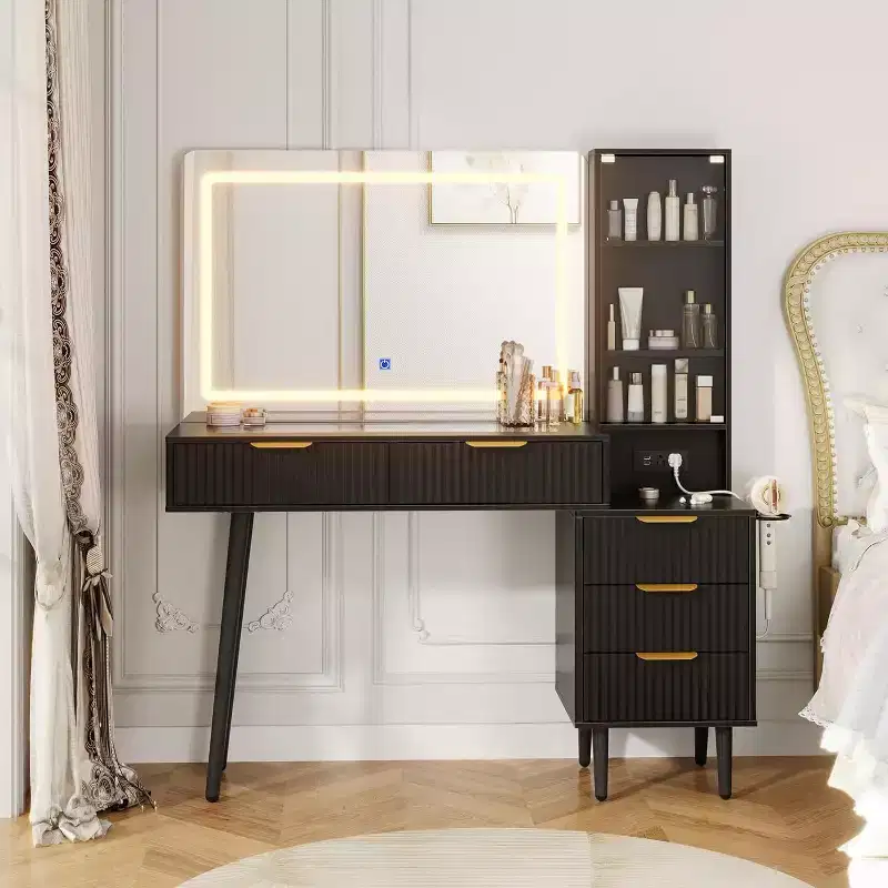 48 Makeup Vanity with 36 Mirror and Light, 3 Color Modes, Glass Top Dressing Table with 5 Drawers, 3 Shelves and Built-in Outlets for Bedroom