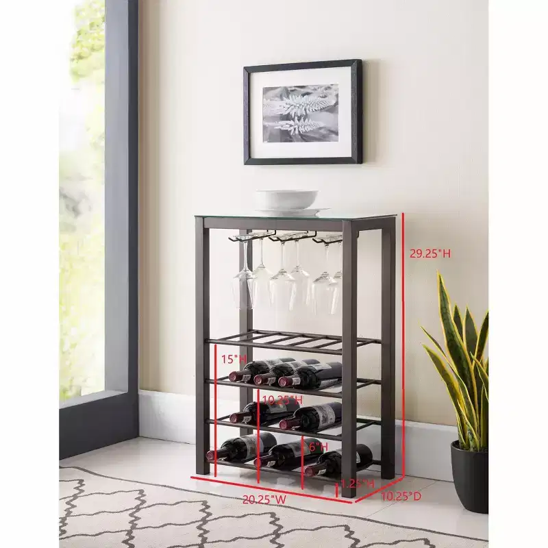 Freestanding Floor Wine Rack Storage Table, Holds 20 Bottles with Glasses Holder, Pewter
