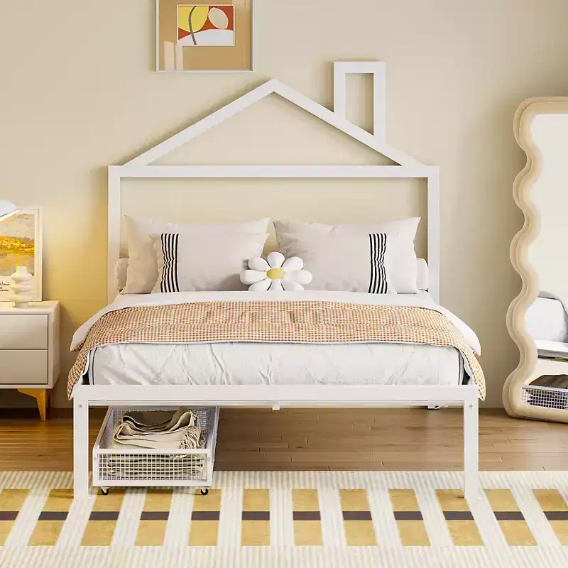 Full Size Kids House Bed with Drawer, Metal Frame, House-Shaped Headboard, White