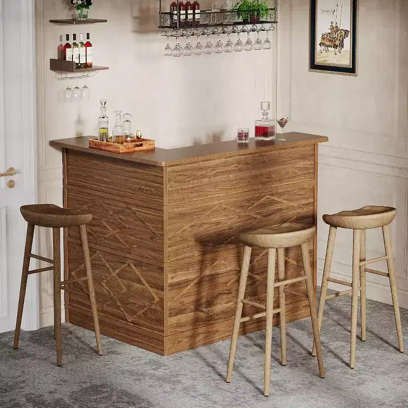 L-Shaped Bar Cabinet, 4-Tier Corner Liquor Table with Glass Holder & Storage Shelves, for Kitchen, Living Room, Home Pub