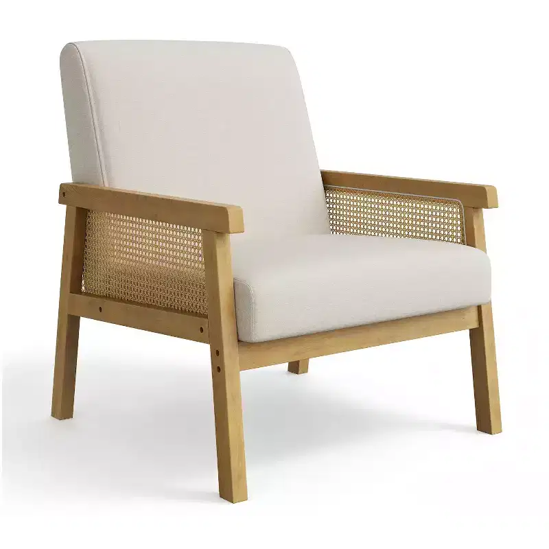 Modern Rattan Accent Chair with High Back Wood Frame, Upholstered Boucle or Faux Leather Armchair for Living Room Bedroom Reception, White Brown