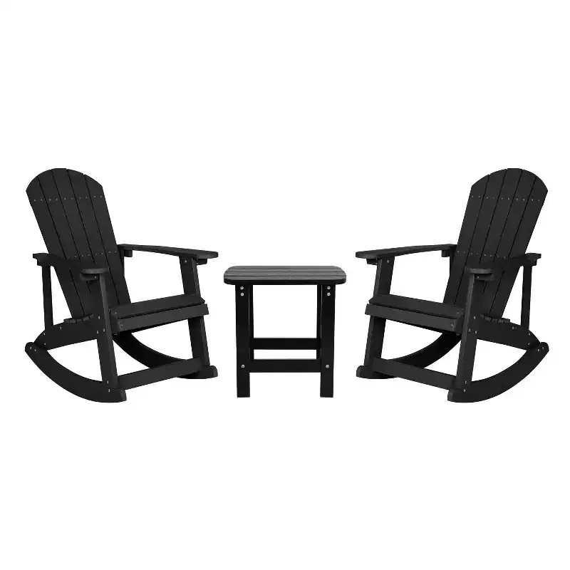 Flash Furniture Set of 2 Savannah All-Weather Poly Resin Wood Adirondack Rocking Chairs with Side Table