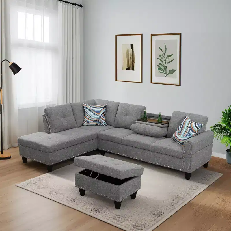 3-Piece Set Of Brown Grey Linen Combination Sofa L-Shaped Living Room Sofa