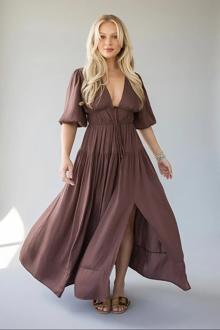 Puff Sleeve Smocked Waist Tiered Maxi Dress