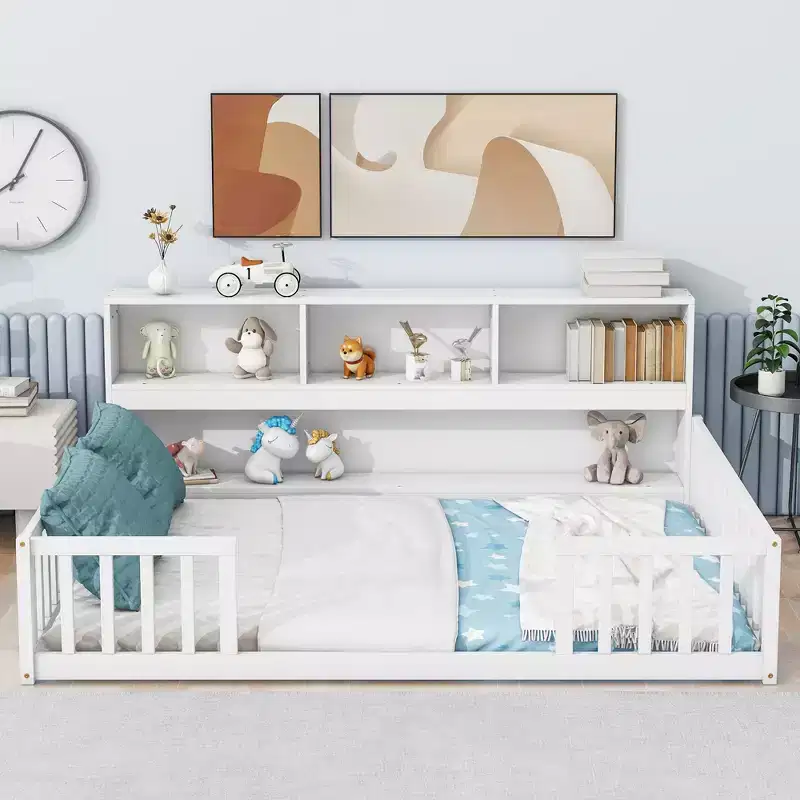 Full Size Kids Floor Bed with Side Bookcase, Shelves & Safety Guardrails, Solid Pine, White