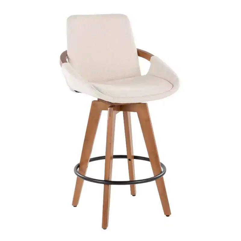 Mid-Century Counter Height Barstool, Walnut Bamboo Frame, Cream Fabric, 360° Swivel