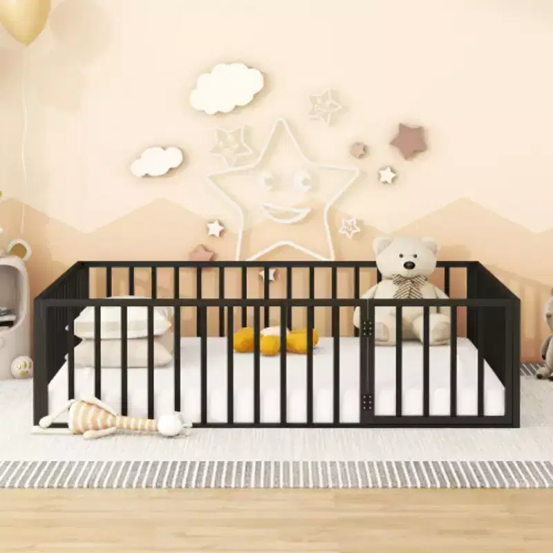 Queen-Size Metal Bed Frame with Enclosing Fence and Door Design