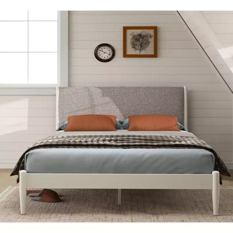Rubberwood Platform Bed, Cream White, Queen