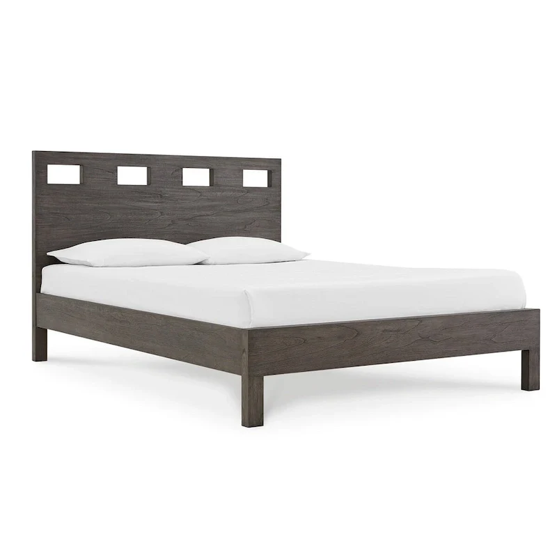 King Bed with Cut-Out Headboard, Gray Wood Finish, 4 Side Drawers