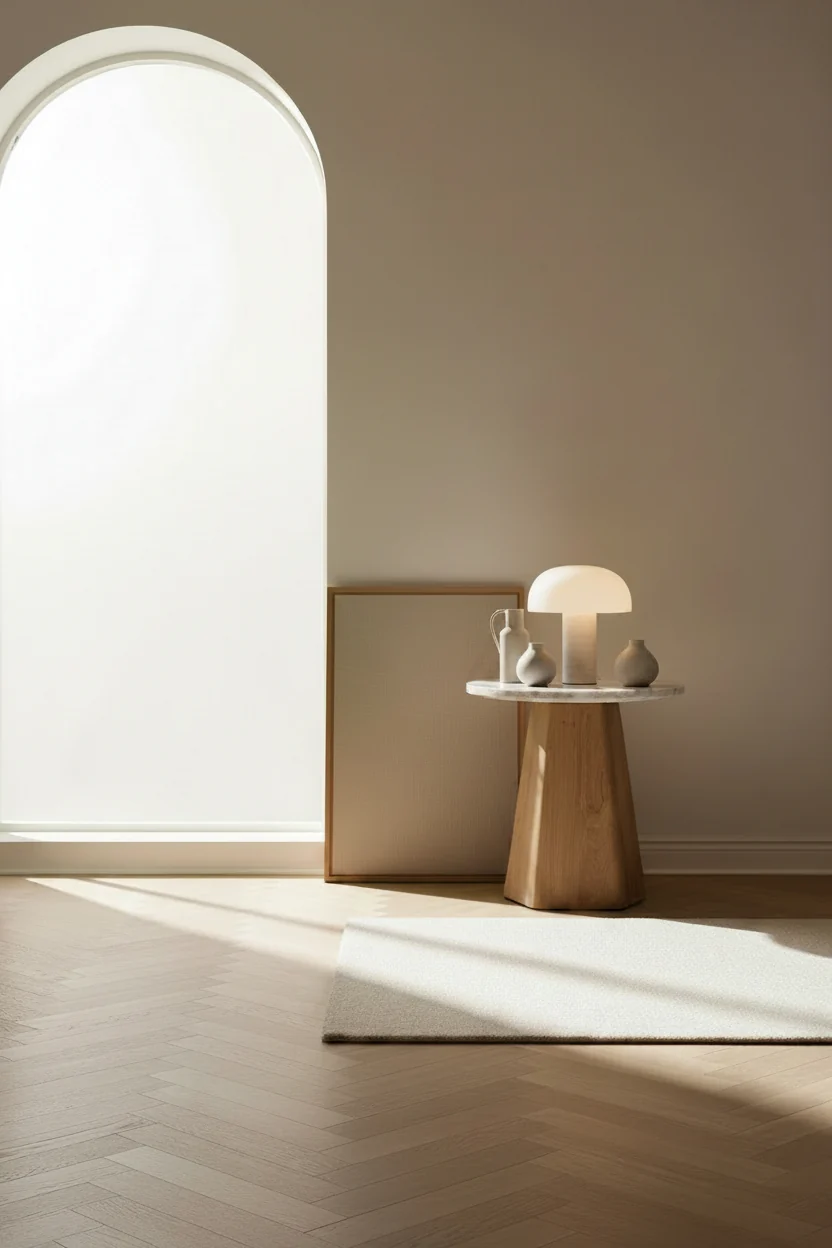 Contemporary Marble & Oak Wood Side Table with Organic Pentagon Base for Living Room