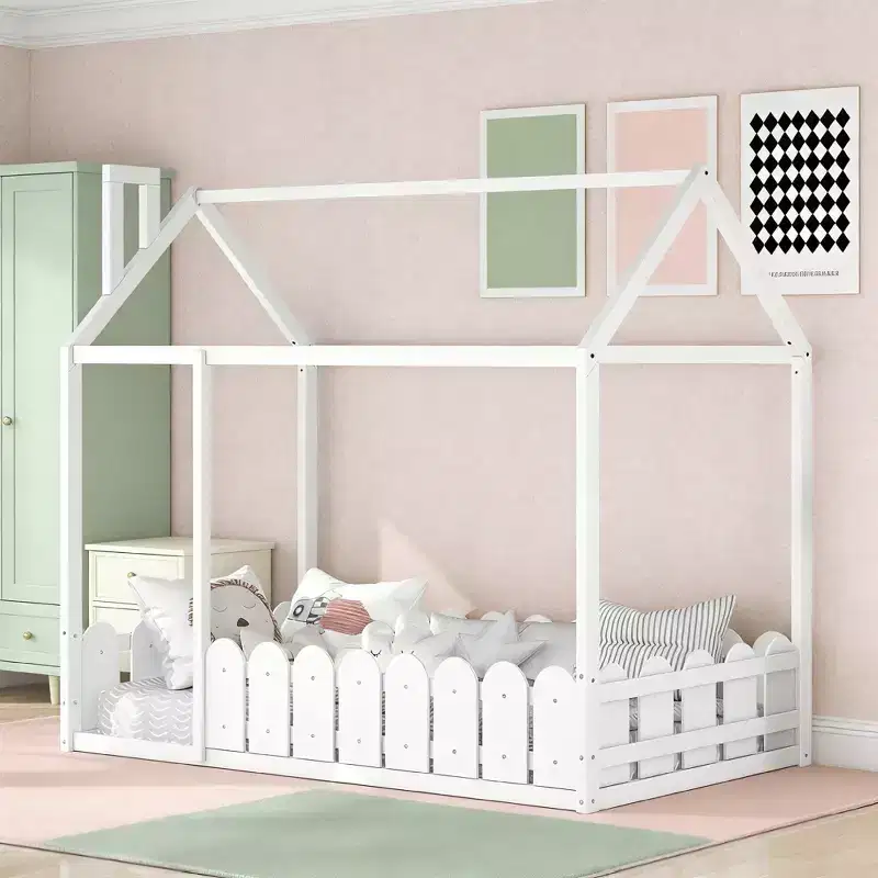 Wooden House Bed Frame with Fence for Kids and Teens, White