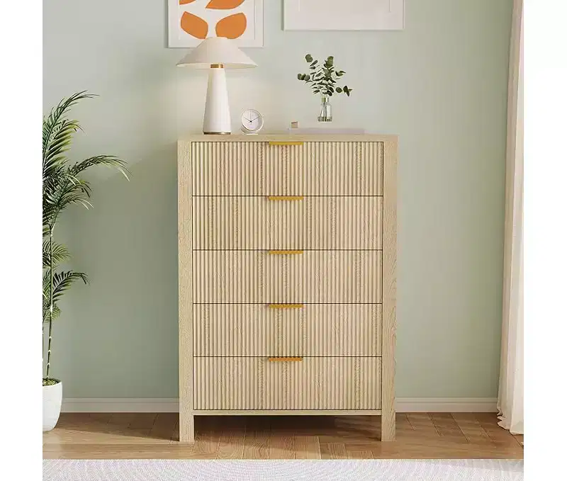 Dressers for Bedroom with 5 Drawers, Tall Wooden Dressers with Gold Handles for Closet, Wood Chest of Drawers, Storage Cabinet and Organizer Drawers