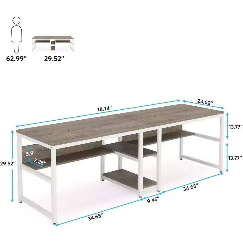78.7-Inch Two Person Desk with Bookshelf, Computer Office Double Desk and Writing Workstation for Home Office, Gray/White