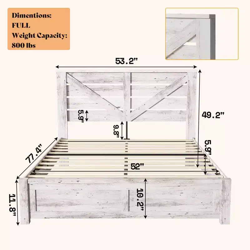 Farmhouse Bed Frame with 49.2 Barn Door Headboard