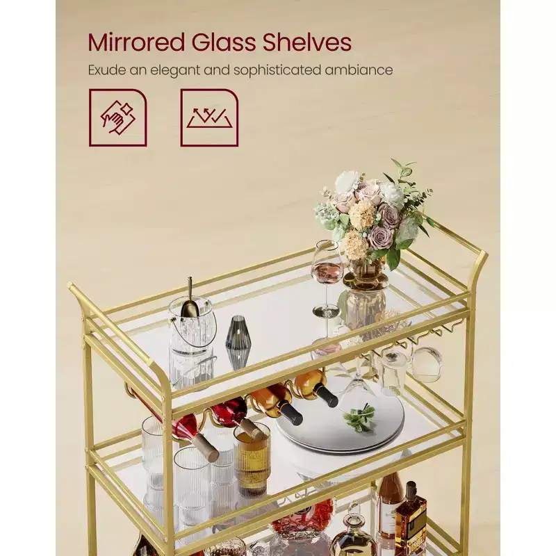 3-Tier Gold Bar Cart with Mirrored Shelves, Serving Cart with 4 Wine Bottle Holders & 3 Glass Racks, Locking Wheels for Kitchen Living Room, Gold