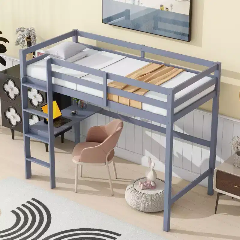 Okak Minimalism Loft Bed with Ladder, Rubber Wood Twin Loft Bed with Safety Guardrail and Build-In Desk, Bed Frames for Kids, Teenagers