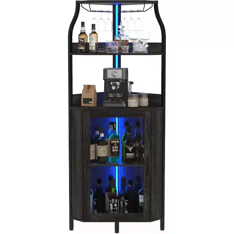 68 Inch Corner Bar Cabinet,5-Tier Industrial Wine Cabinet,Strip & Glass Holder for Small Space,12-Color, Tempered Glass Door for Kitchen,Living Room