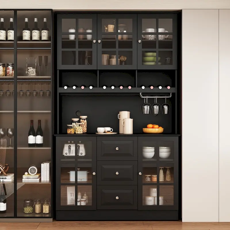78.9Pantry Buffet White Buffet with Wine Glass Rack Drawer and Hutch