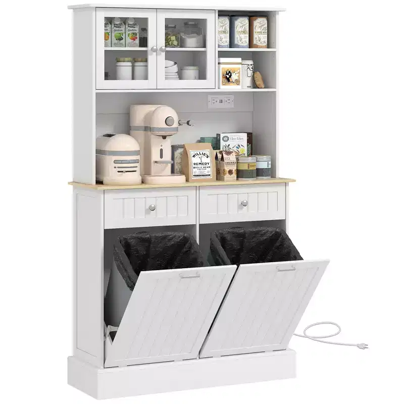 Kitchen Cabinet with Charging Station, 2 Tilt Out Cabinets, Microwave Stand, Freestanding Kitchen Pantry Cabinet