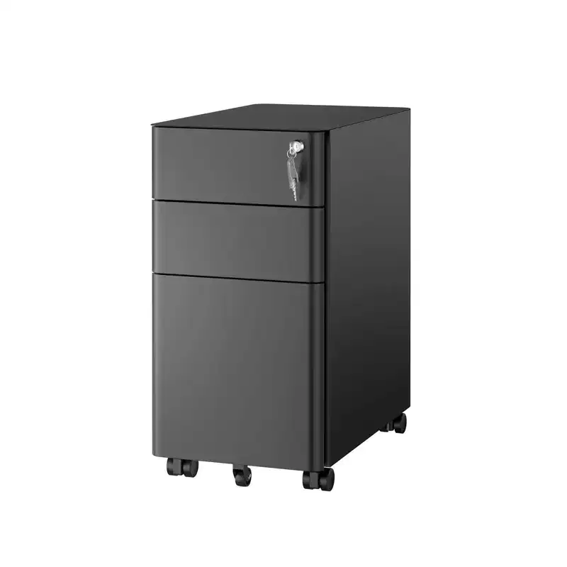 Mobile File Pedestal Cabinet with 3 Drawers & Lock | Slim Design Under Desk Storage & Organizer for Files, Folders & Office Supplies | Black