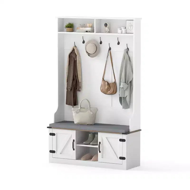 Costway 68.5'' 4-in-1 Hall Tree w/Cushioned Bench Shoe Storage 7 Hooks 2 Cabinets White