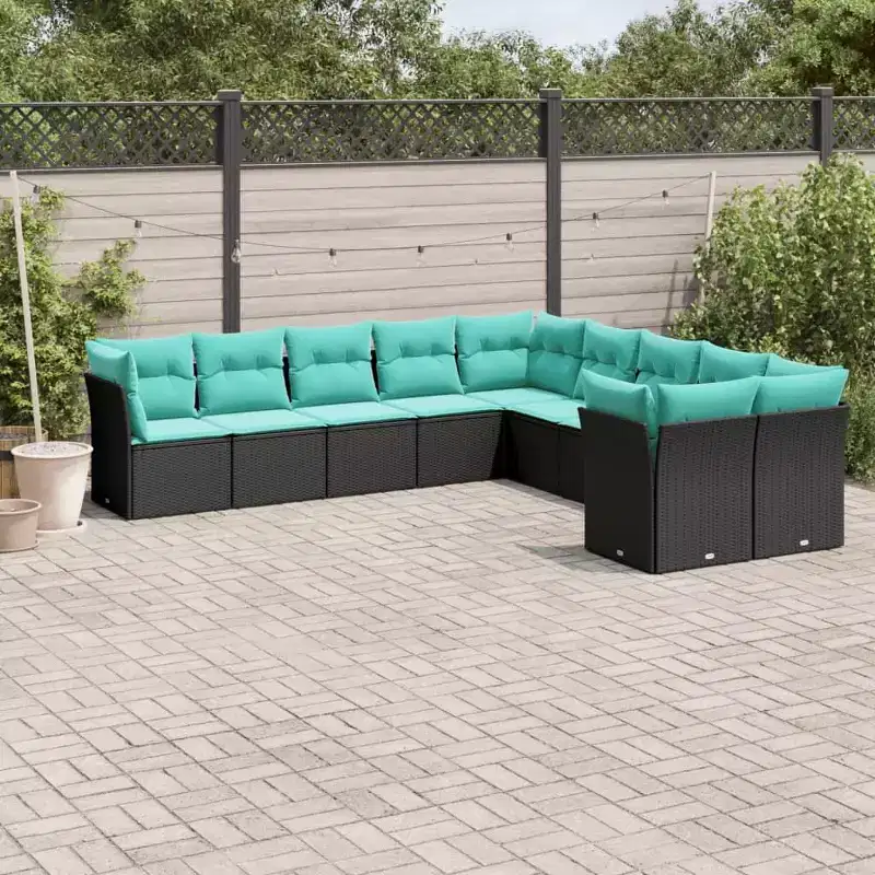 vidaXL 10 Piece Patio Sofa Set with Cushions Black Poly Rattan
