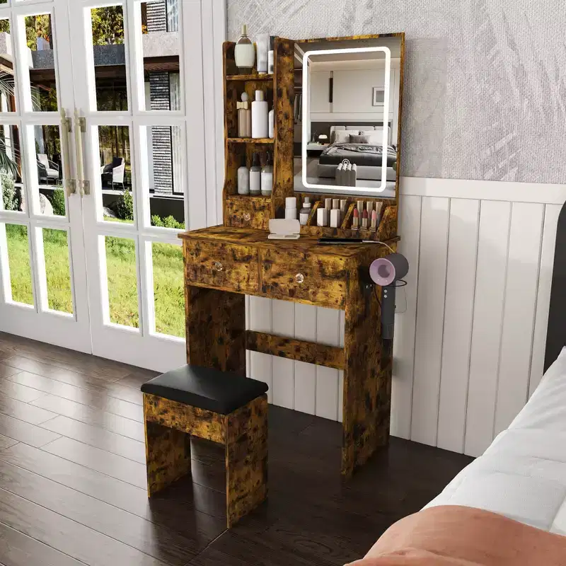 GDFStudio Sneha Modern Wooden Vanity Desk with Adjustable LED Light, Mirror and 1 Dressing Chair