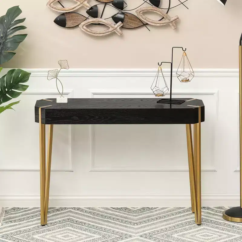 LuxenHome Black Wood and Gold Metal Console and Entry Table
