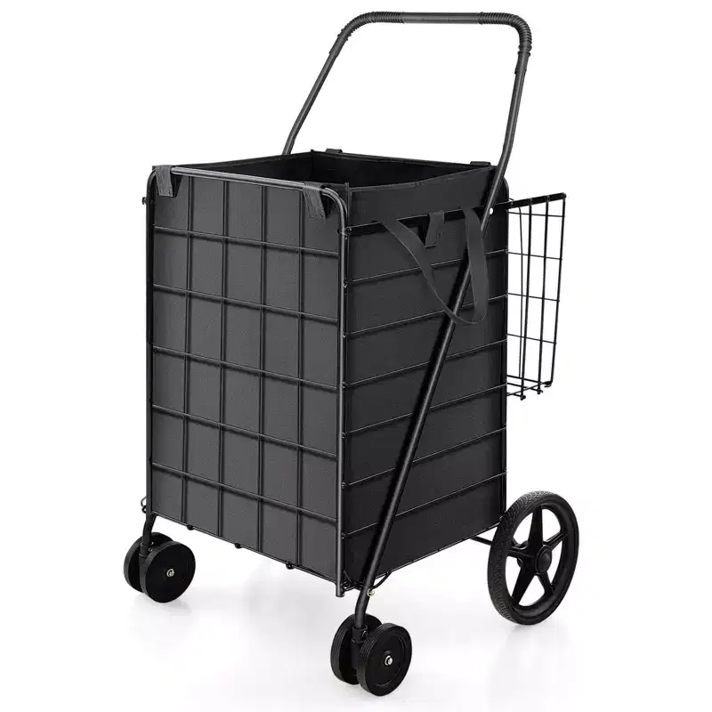 Gymax Collapsible Utility Shopping Cart with Dual Baskets and Water-Resistant Liner