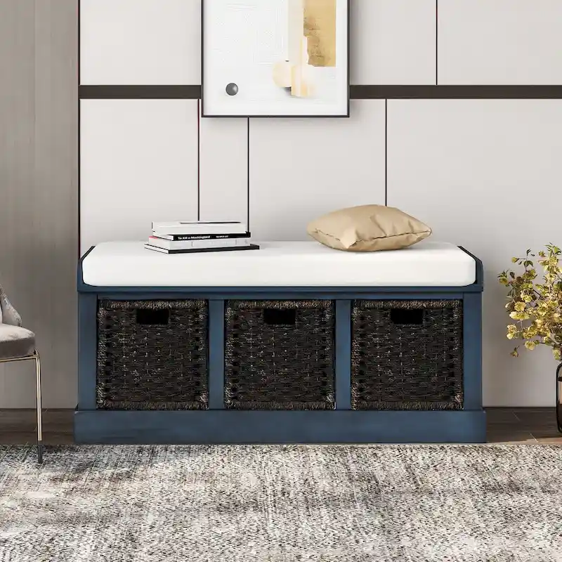 Entryway Bench with 3 Removable Rattan Baskets