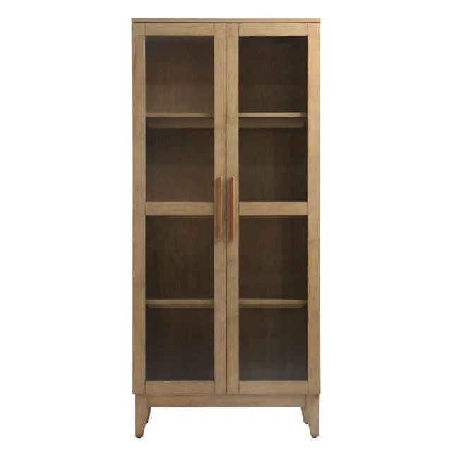 Natural Rubberwood, Oak Veneer & Glass Cabinet with Open Display Design for Living Room