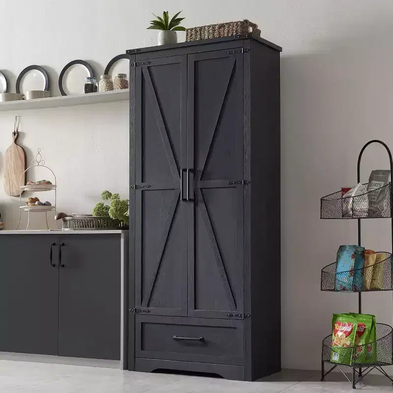 72 Tall Kitchen Pantry, Farmhouse Wood Storage Cabinet with Adjustable Shelves & 2 Barn Doors & Drawer