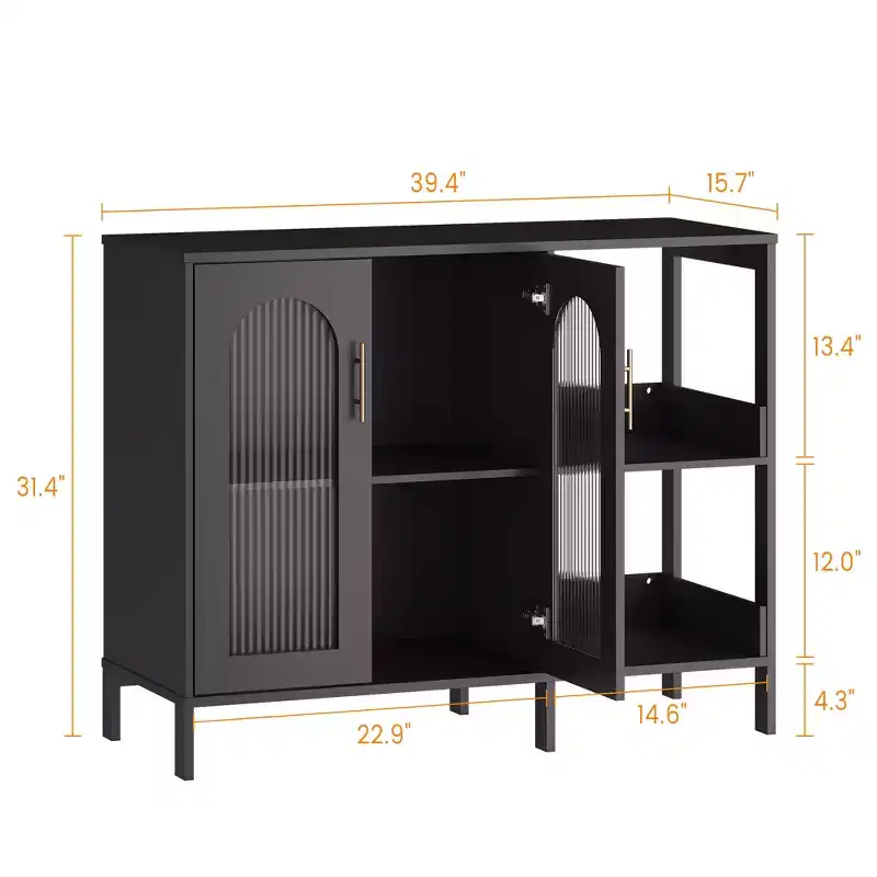 Modern Sideboard, Buffet Sideboard with Glass Doors and Adjustable Shelves, Wooden Storage Cabinet with Metal Handles for Living Room, Kitchen