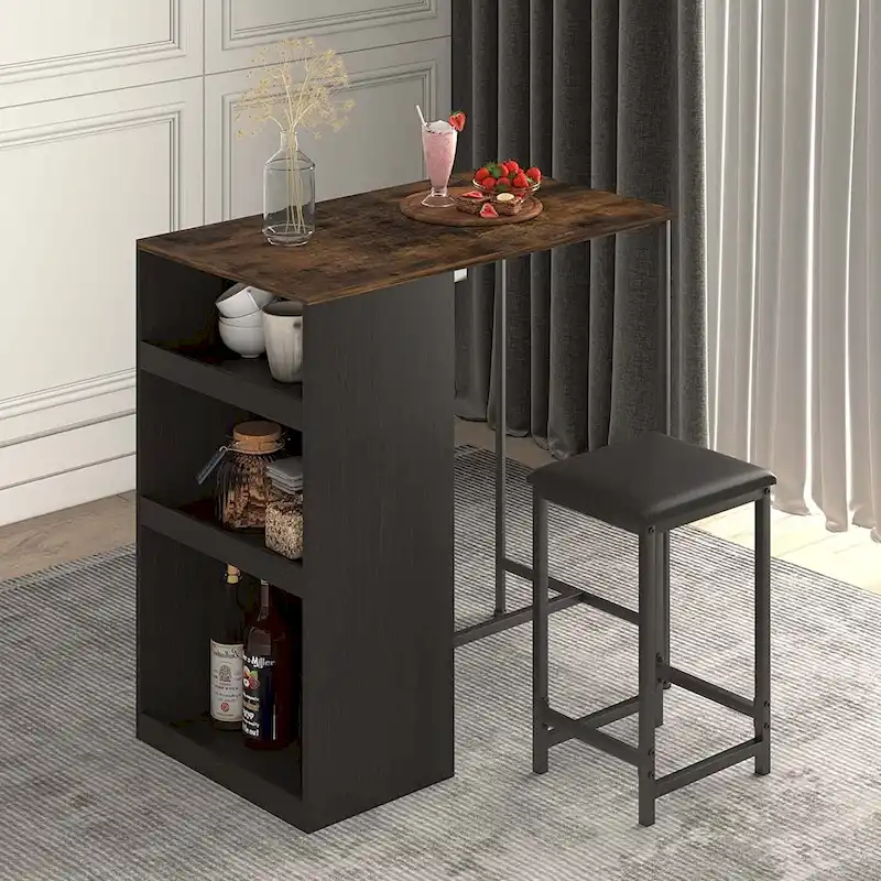 Mixoy Kitchen Table and Stools Set with 3 Storage Shelves,Bistro Bar Table with Bar Stools,Bar Counter,Suitable for Drinking