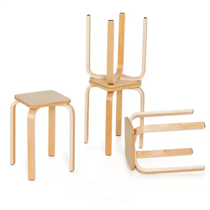 4 Set Square Backless Stools w/ Rounded Corners & Antislip Felt Mats Wooden