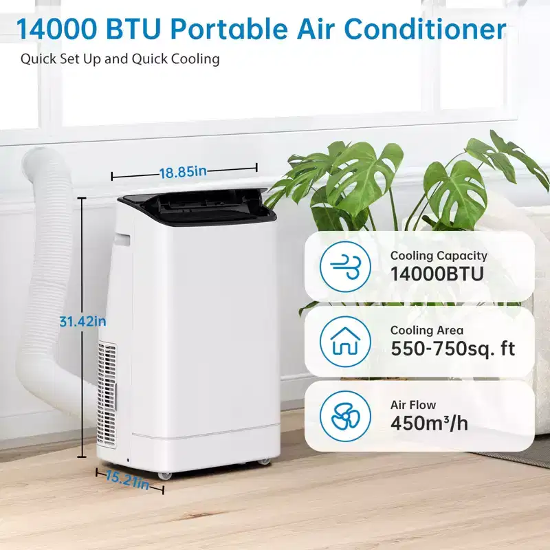 Acekool 14000 BTU Portable Air Conditioner, 3-in-1 AC Unit with WiFi, Cools and Heats Up to 700 Sq Ft, Remote, for Living Room/RV/Workspace
