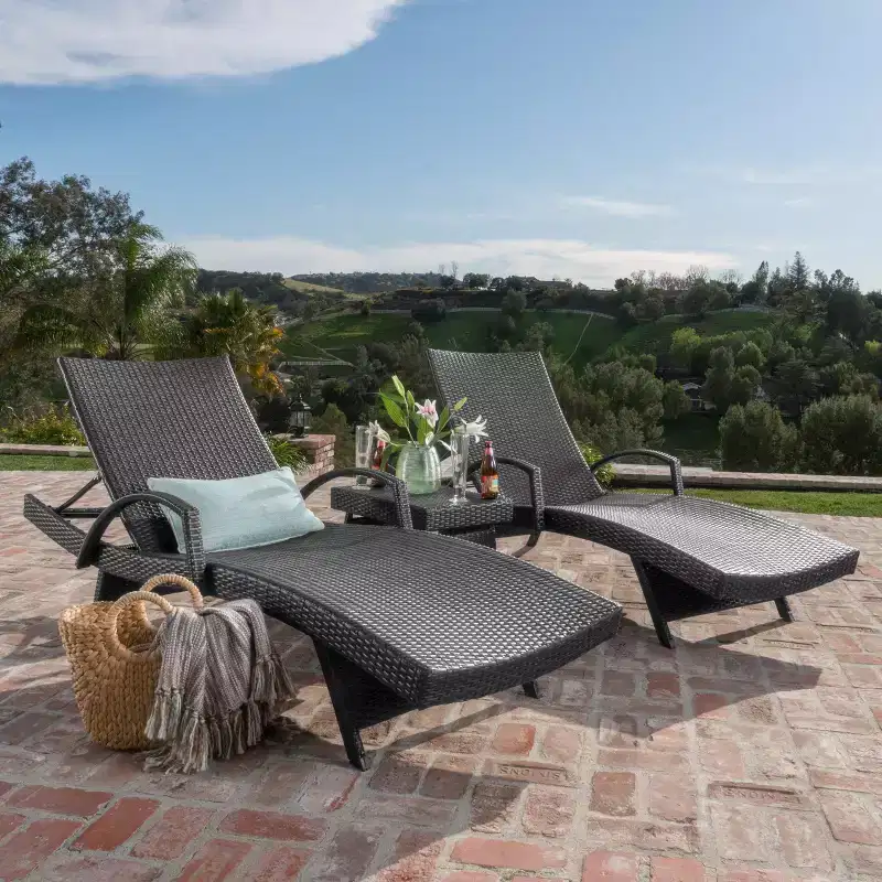 GDFStudio Soleil Outdoor Wicker 3 Piece Adjustable Armed Adjustable Chaise Lounge Chat Set