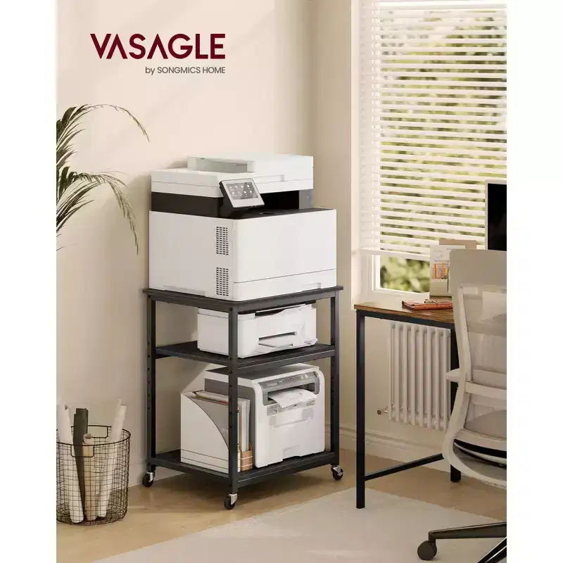 VASAGLE Printer Stand, Rolling Printer Cart, Under Desk Table, Mobile with Lockable Wheels, Steel Frame, for Home Office, Storage Shelf, 3-Tier