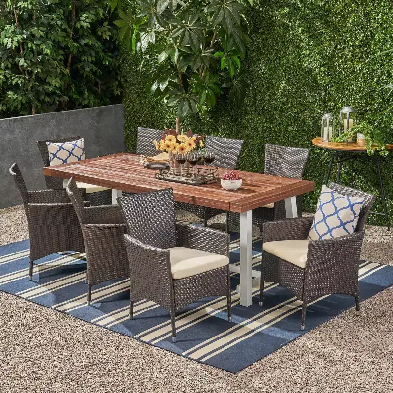 Flamingo 9pc Wood and Wicker Dining Set Dark Brown/Multibrown/Beige - Christopher Knight Home: Weather-Resistant, 8 Chairs