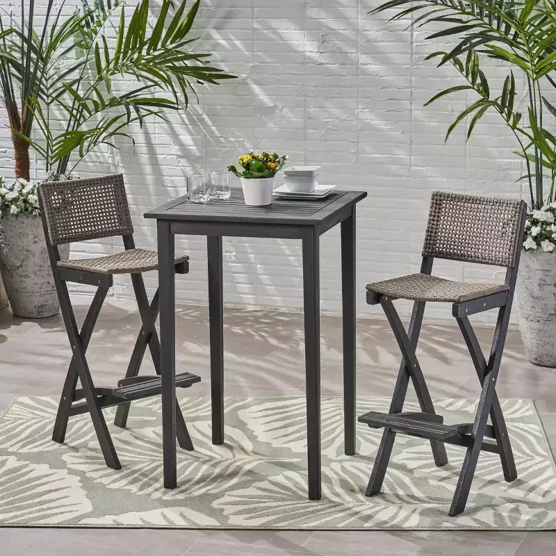 Polaris 3pc Wood and Wicker 26" Square Bar Set Dark Gray - Christopher Knight Home: Weather-Resistant Patio Dining Set with 2 Stools