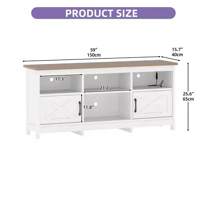 Farmhouse TV Stand for 65 Inch TVs, LED Entertainment Center with Cabinets, Power Outlet, Media Console for Living Room,White & Walnut